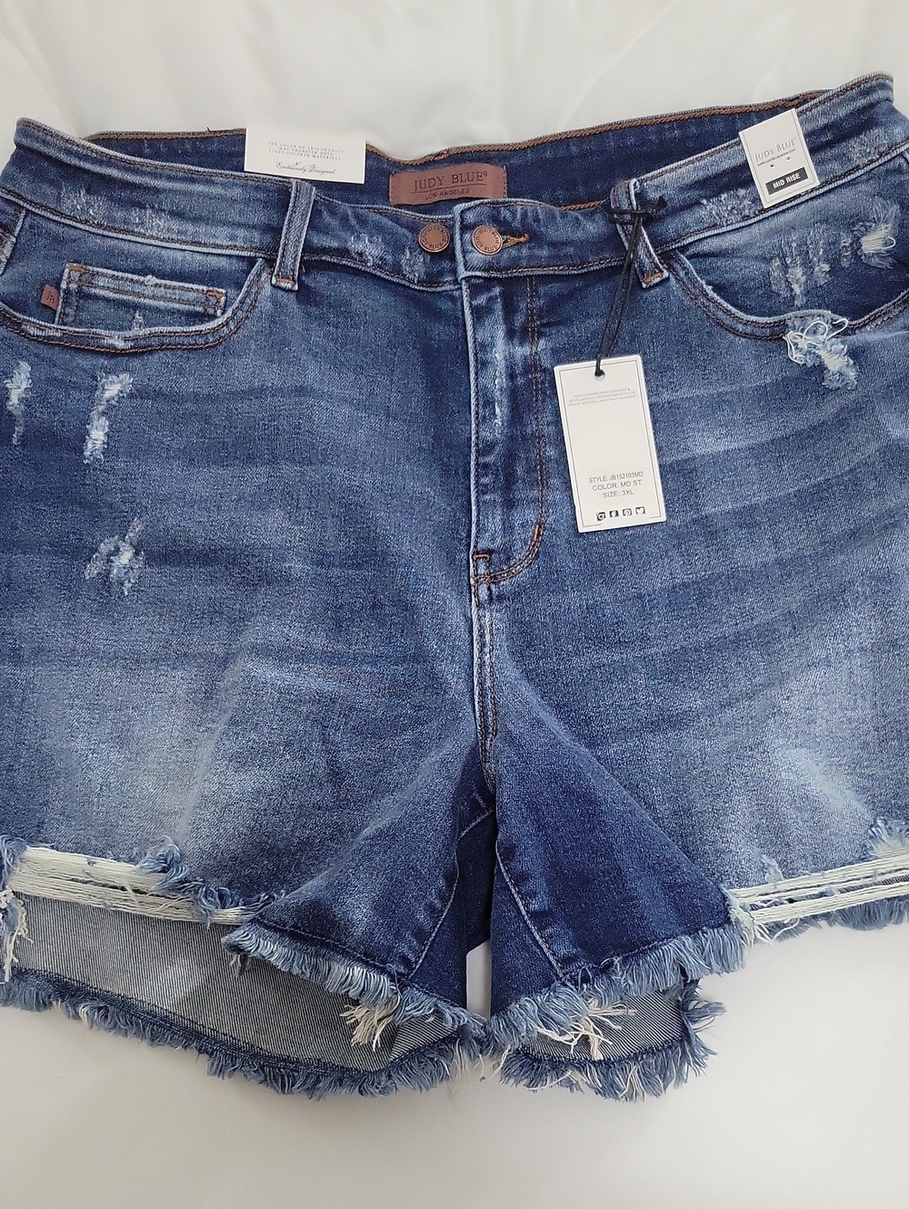 Judy Blue Medium/Dark Blue Frayed Hem Distressed Denim Shorts
